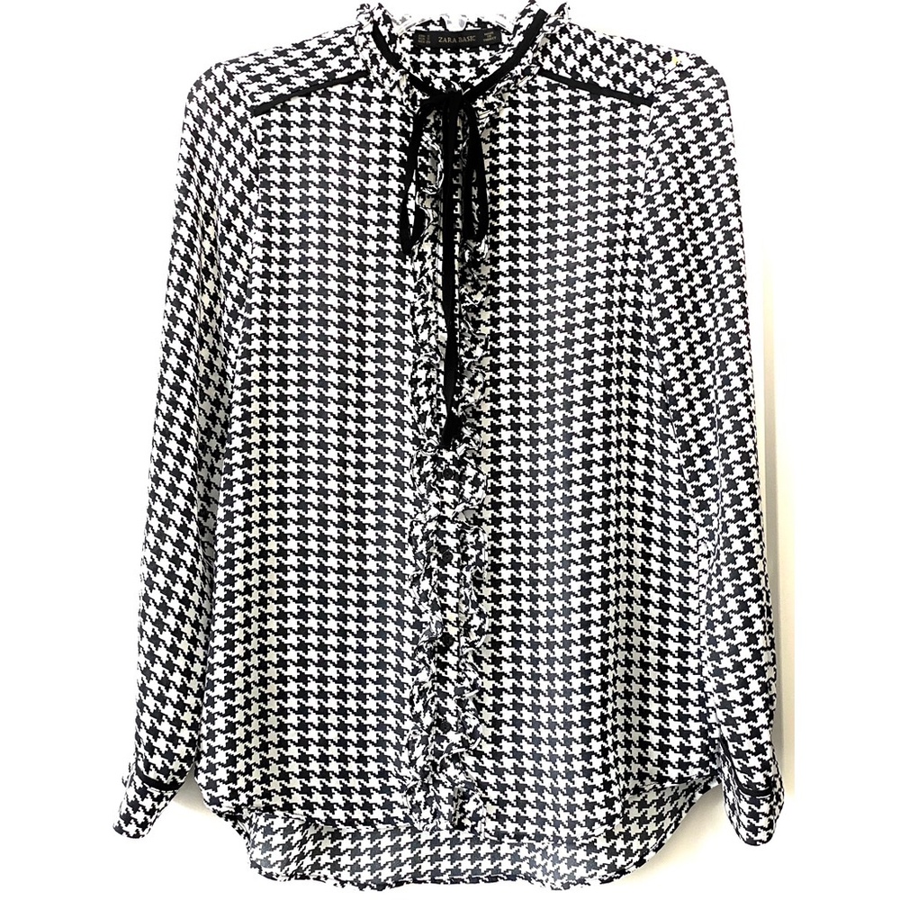 NEW Zara Basic Hounds Tooth Ruffle Tie Blouse